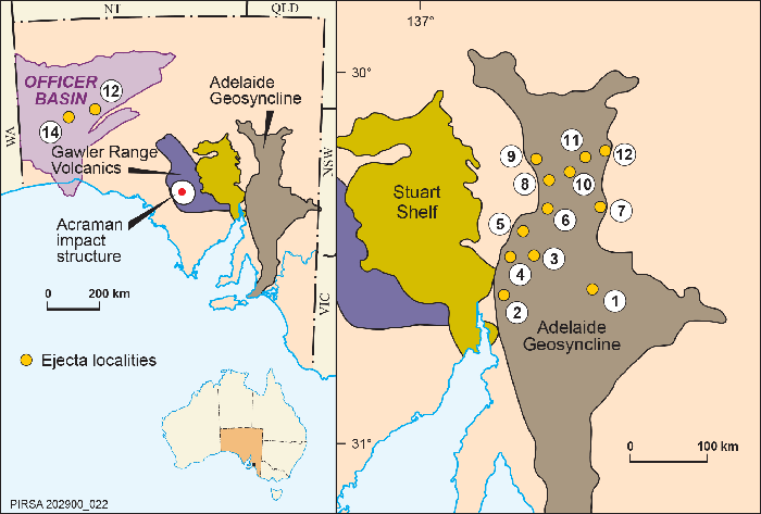 Known Acraman Impact ejecta location sites in the Flinders Ranges (after Wallace et al., 1996). 1, Bagalowie; 2, Pichi Richi Pass; 3, Yappala; 4, Warrakimbo; 5, Merna Mora; 6, Bunyeroo Gorge – Brachina Gorge; 7, Reaphook Hill; 8, Parachilna Gorge; 9, Trebilcock Gap; 10, Donkey Valley; 11, Jubilee Mines; 12, Wearing Hills; 13, DDH Observatory Hill No.1; 14, DDH Lake Maurice West. Source: Dysson, I, 2005, Tsunamis and super-hurricanes after the Acraman asteroid impact, MESA Journal #39