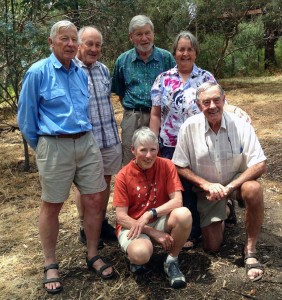 Rear - Peter Beer, Arthur Ward, Tony Lothian, June Boscence. At front - Merilyn Browne, John Bartlett. Taken at a luncheon for older members ar Janet Callenand Denis Harper's home