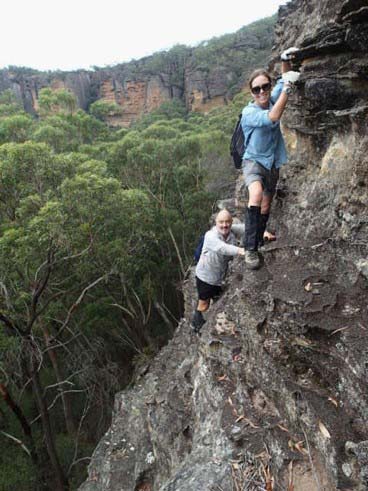 Nino and Tracey ascending the Pagoda on Mystery Mountain. Photo: Lorraine Thomas