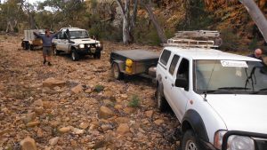 The construction convoy: Two 4WDs, 1 and 2 tonne trailers, four constructors and one mascot