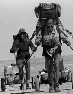 Conservationist walker Warren Bonython with former geology teacher Terry Kreig during trek around Lake Eyre in 1982. Picture: Barry Hartley